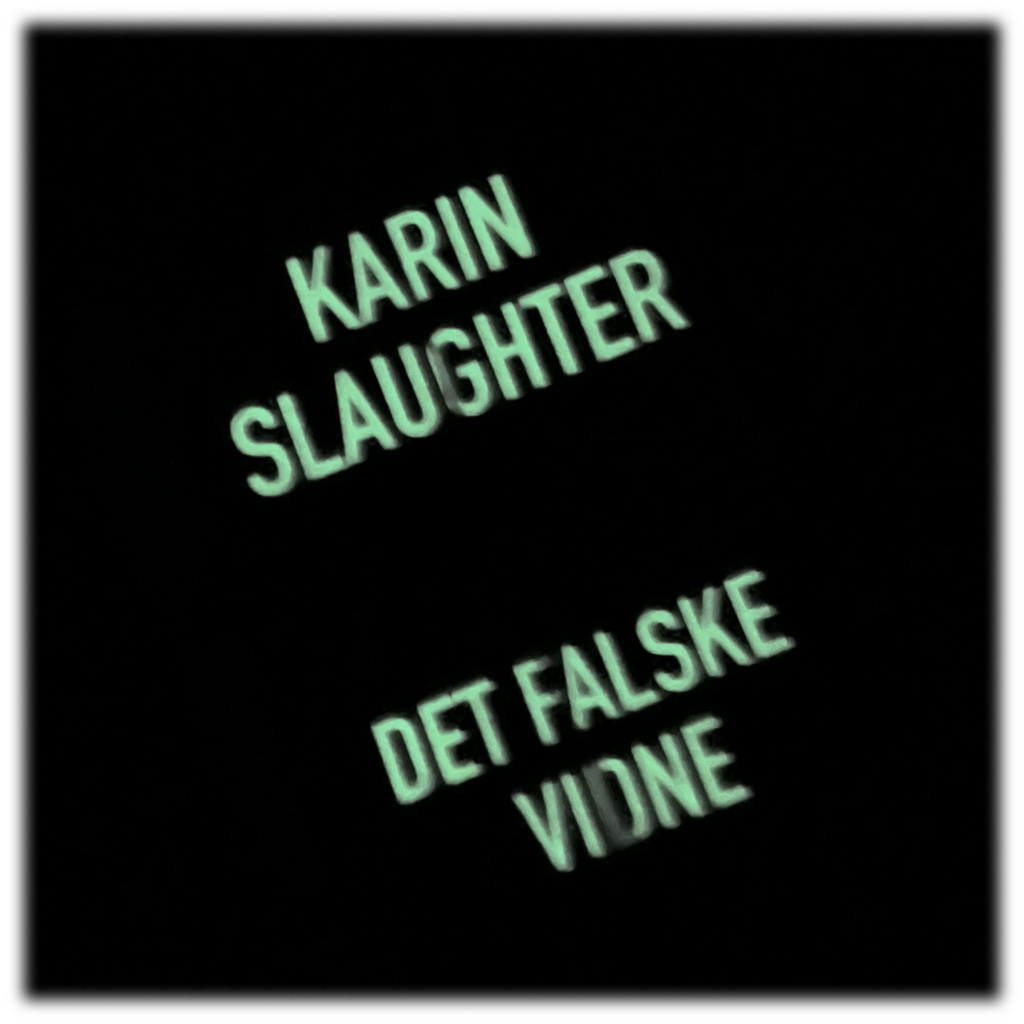 Billede af: Teksten på Det falske vidne af Karin Slaughter lyser i mørke.